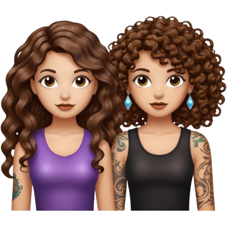 glitter blast — long wavy brown hair tattooed woman and short tight curly brown hair woman — sparkle covered emoji