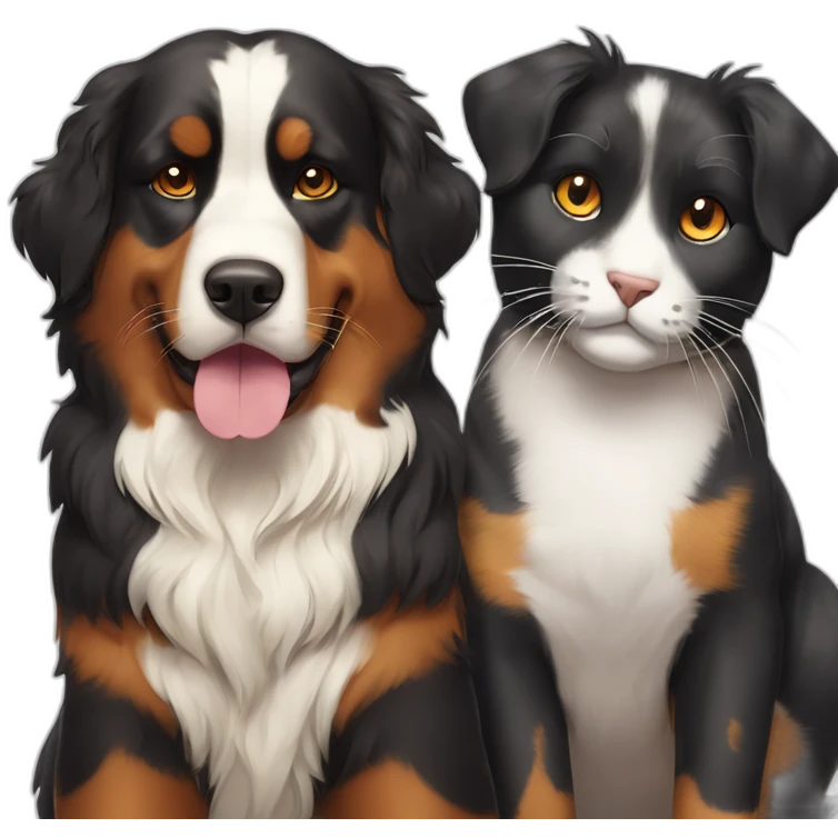 A Bernese dog next to A tortoiseshell cat without white emoji