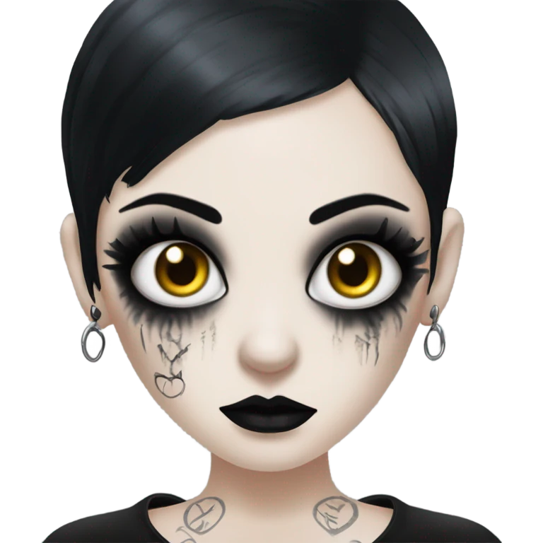 Goth girl with black hair and all white eyeballs, goth makeup, 69 tattooed above her right eye emoji