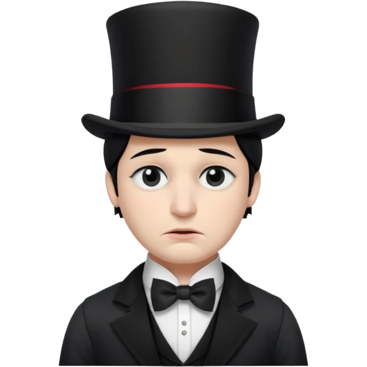 A man with snow white skin, a black half mask with an eye hole, a black top hat, a black vest with a black tie tucked underneath, and a white collared shirt. A frown, and closed eyes. emoji