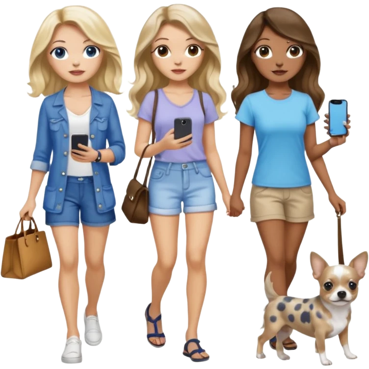 Three pretty women in cute summer clothes holding iPhone, hazel eyed light skin with dark blonde long hair and light skin hazel eyed long wavy dark hair, blue eyed light skin long blonde hair walking 2 dogs,blue and gray spotted Merle Frenchie, black and tan chihuahua  emoji