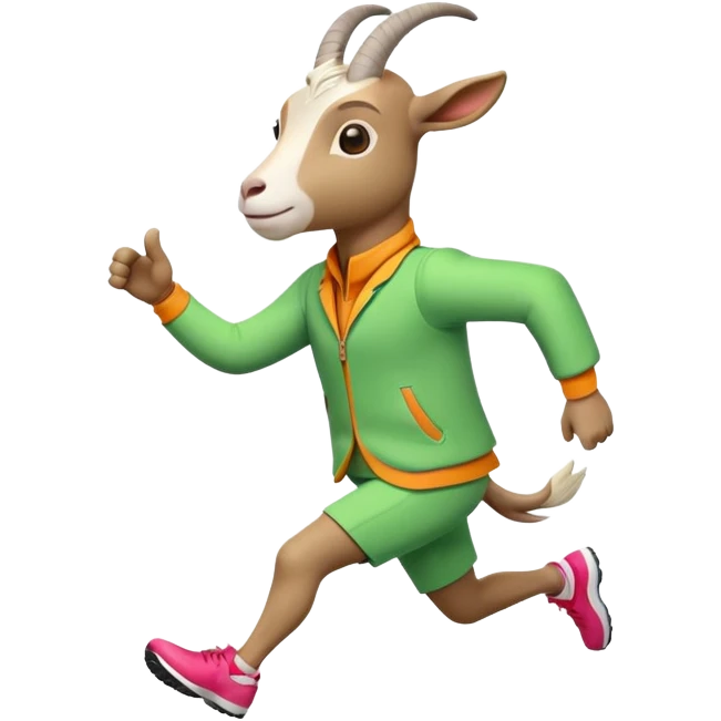 friendly anthropomorphised goat jogging upright in a colourful suit, relaxed pose emoji