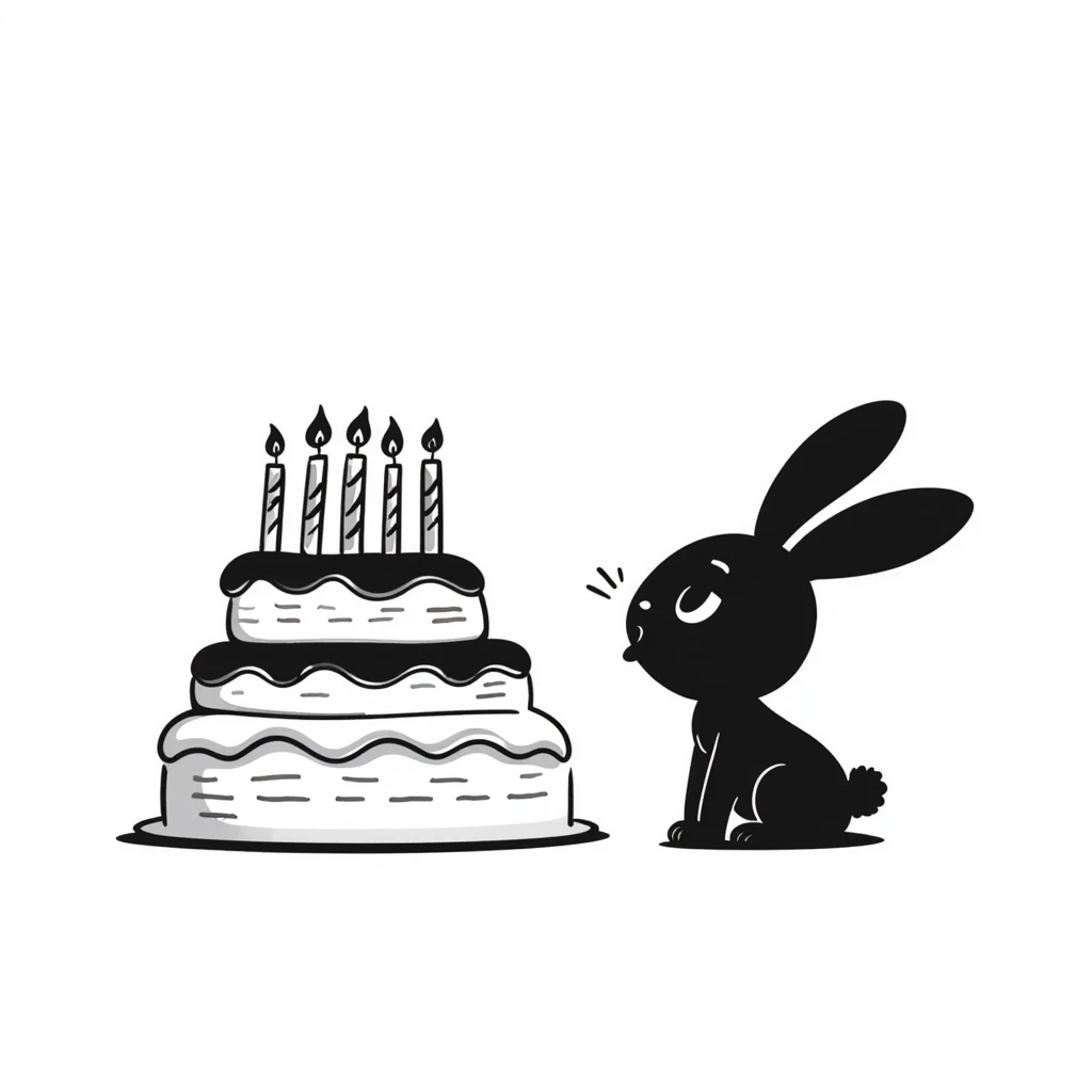 a rabbit blowing out the candles on a birthday cake, hand drawn doodle style, cute and playful emoji