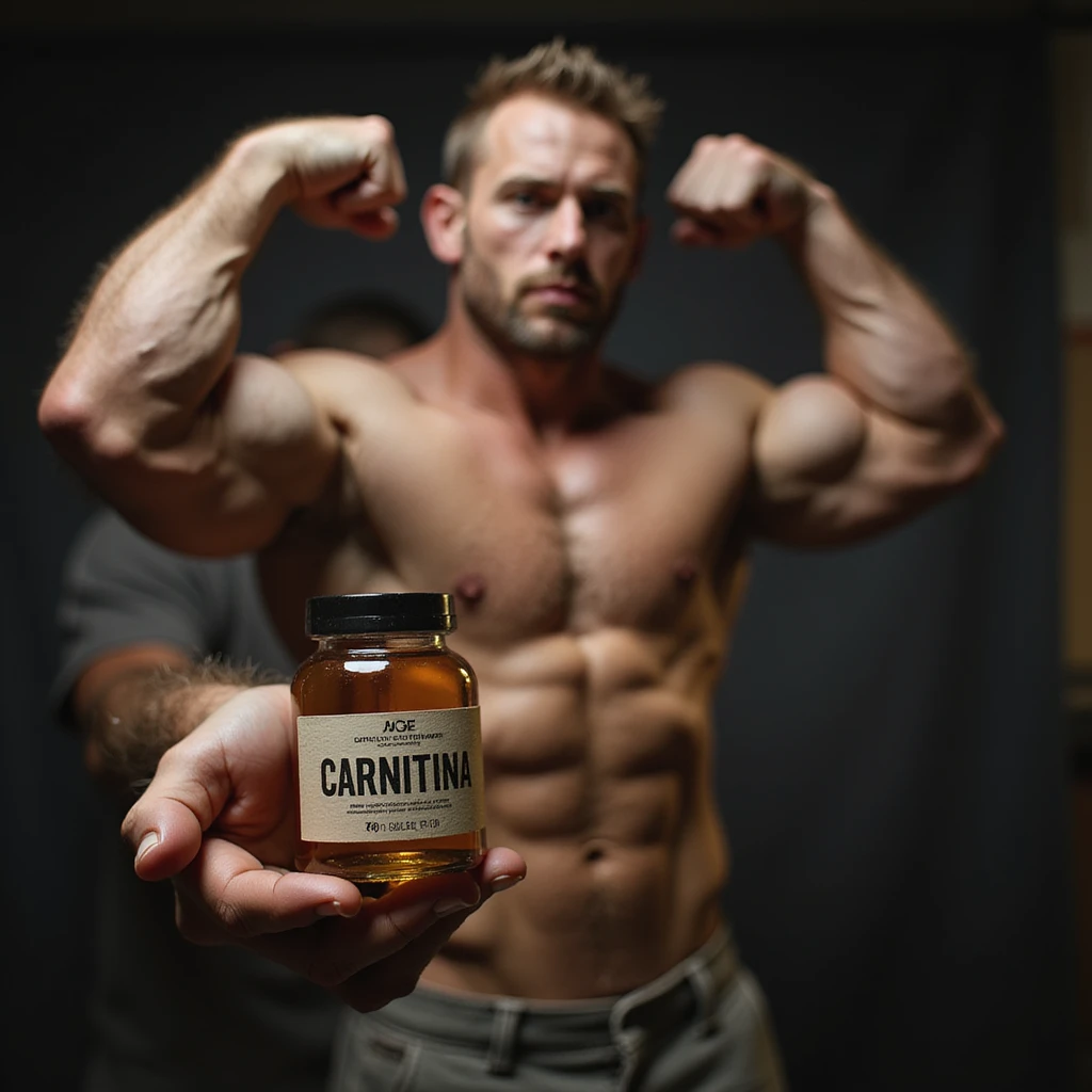 realistic bodybuilder in competition pose holding a vial with a label reading 'CARNITINA' in large block letters, 4k quality emoji