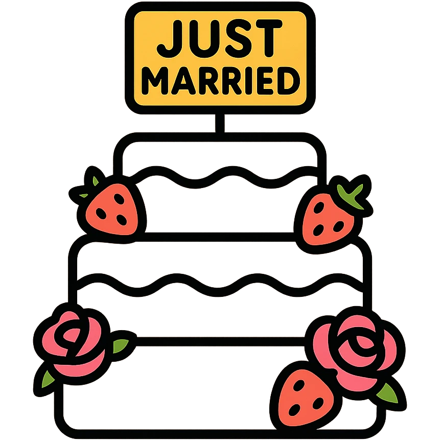 white wedding cake with strawberries, pink roses, 'Just Married' topper, color outline icon style emoji