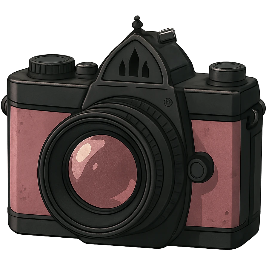 gothic camera, black and pink, ghibli style emoji