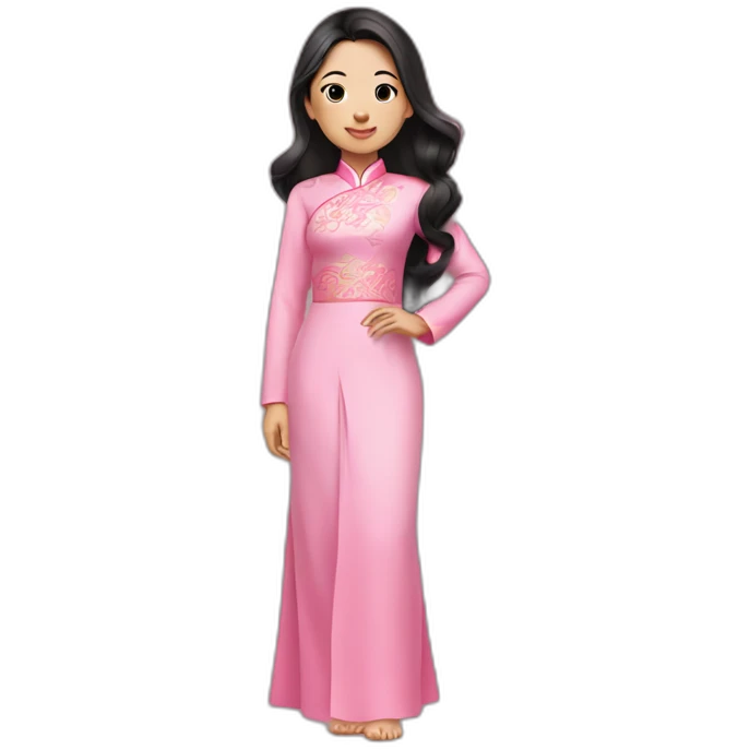 asian girl with fair lips, wavy black hair posing with pink ao dai full body side pose emoji