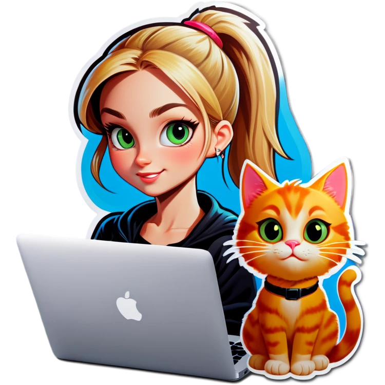 Blonde girl ponytail macBook and a cat emoji