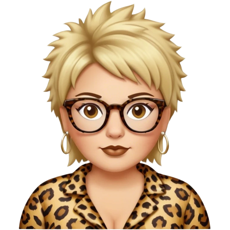  plus size white women dressed in leopard with short medium brown and blonde shaggy spiked hair wearing glasses with hazel color eyes and wide flat nose emoji