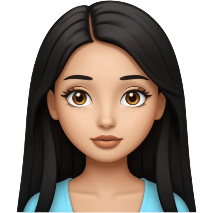 pretty cartoon girl, semi-realistic 3D emoji style, long middle parted straight black hair, tan skin, brown eyes, long eyelashes, soft glam makeup, glossy lips, smooth skin, cute aesthetic,  emoji
