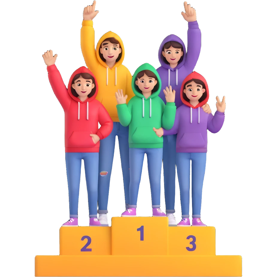 three people in jeans and hoodies on a winners podium labeled 2, 1, 3 left to right, center person on 1 step holding up one finger on each hand, bright, cheerful, expressive, 3D emoji illustration emoji