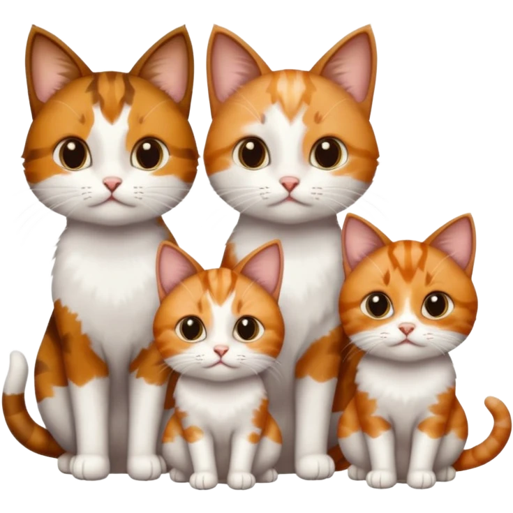 3 different coloured small cats including a dark brown tabby and white, and a patchy calico, and a ginger and white emoji
