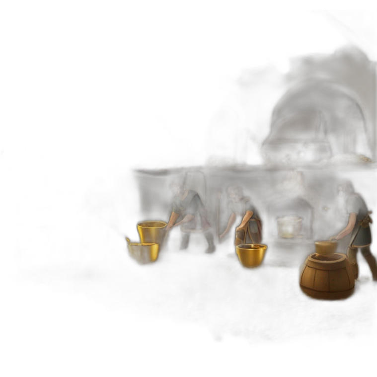 open floor plan of a medieval mint showing different people working, one person on the furnace, some people molding liquid gold into coins emoji
