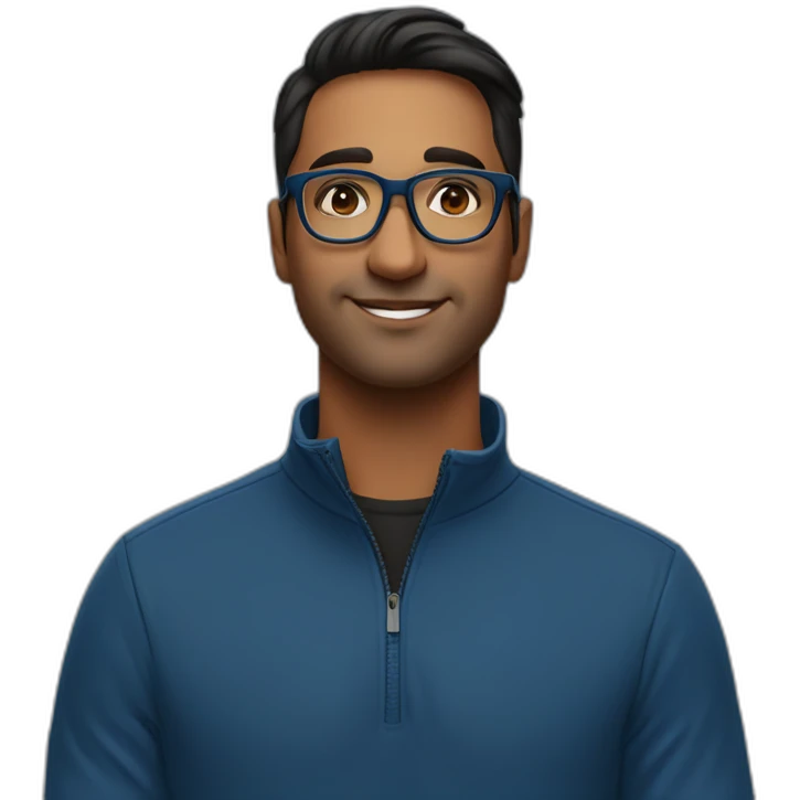 29 year old indian tech founder clean shaven in blue quarter zip with black tortoiseshell glasses emoji