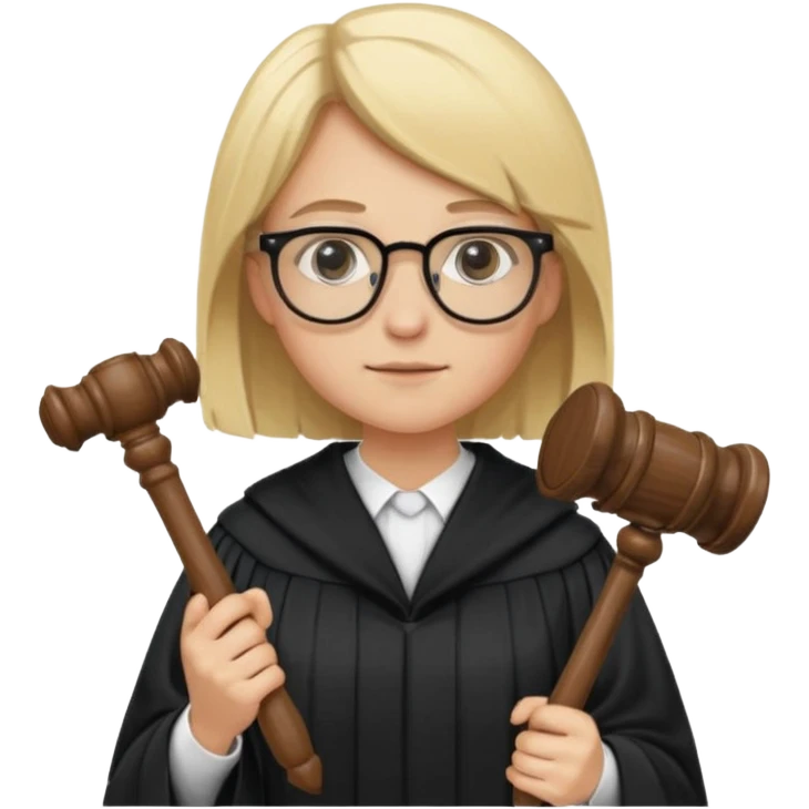 Young judge, blonde hair with glasses and robe, hold a gavel emoji