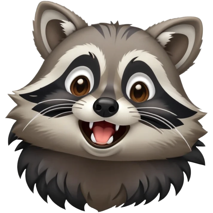 Cinematic-Cute-Yawning-Raccoon-Portrait-Emoji – Head tilted slightly with a dramatic, wide-open yawn, revealing a soft grey and black fur with a striped bushy tail, round brown eyes barely open in drowsy curiosity zoome out to show shoulders emoji
