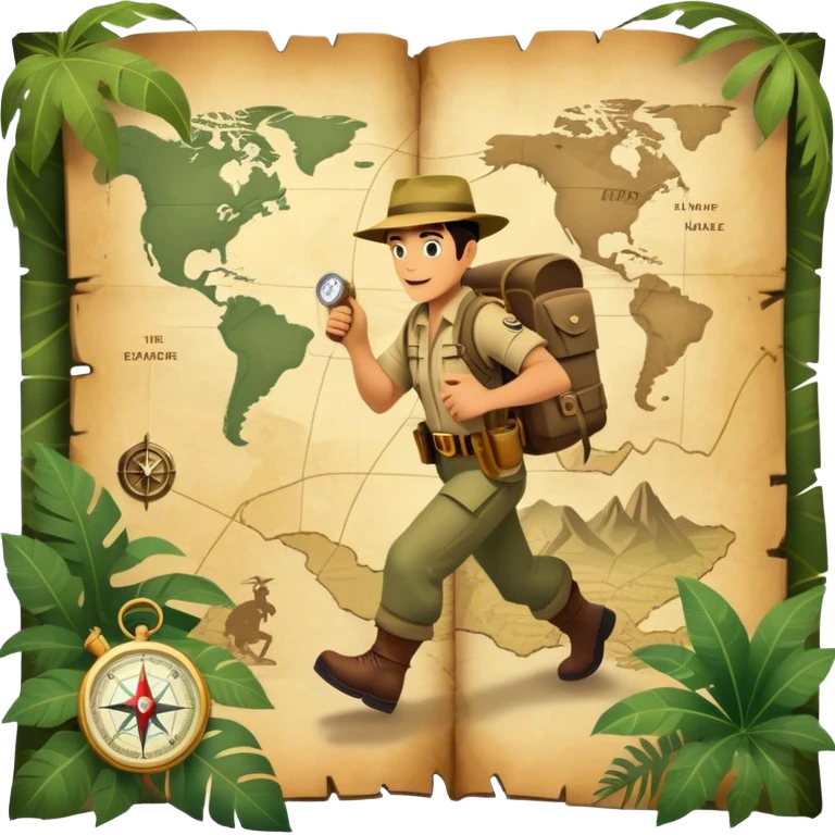 A vintage movie poster-style collage. Include action-packed elements like a treasure map, jungle scenes, a rugged explorer with a compass and a speeding jeep. Add a shadowy figure resembling close-up Mark Wahlberg in adventurous gear. Jungle background. Transparent background. emoji