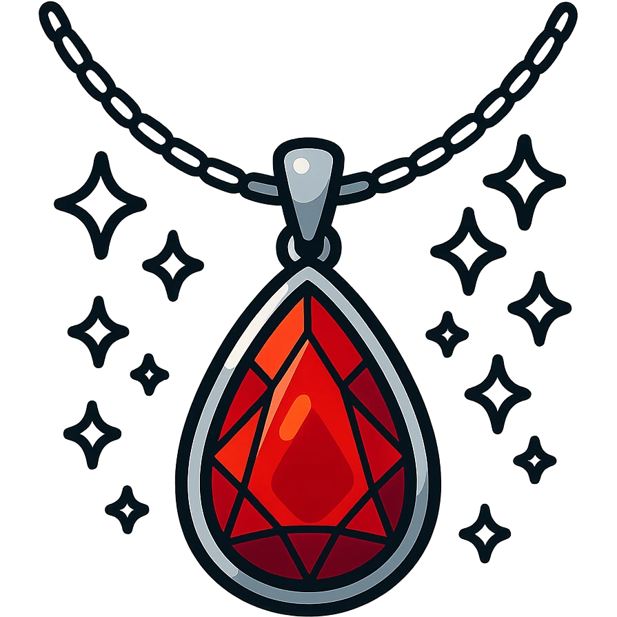 A fiery red teardrop ruby pendant suspended in a delicate silver chain, surrounded by glistening white stones emoji