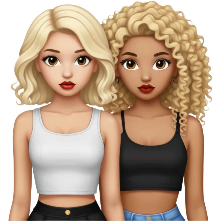 Two teenage girls together, one white with straight blonde hair and one brown-skinned with curly dark hair, both with heavy makeup, big lips, crop tops and choni style clothing emoji