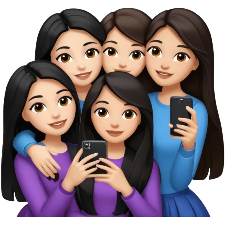 3 girl friends, one with black long hair light skin. one with brown hair long and the last girl one with black with brown medium length hair. Glammed up and hugging  and one talking a selfie and all of them smiling and looking girly all same skin tone  emoji