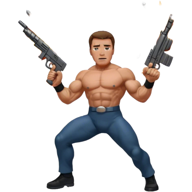 Icon for Action Movies: Arnold Schwarzenegger in the lead role, in an intense action pose with weapons, explosions, and dramatic background. The design should evoke the classic action movie feel with muscle-bound heroes and high-energy sequences. Transparent background. emoji