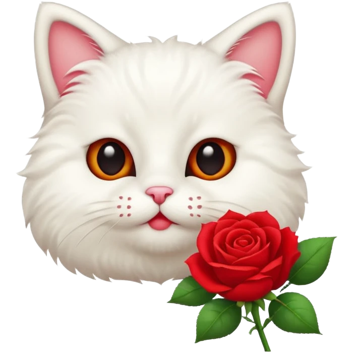 Cute emoji-style white cat holding a red rose in its mouth, big round eyes, fluffy fur, clean mascot style, centered, transparent background, 1:1 ratio. emoji