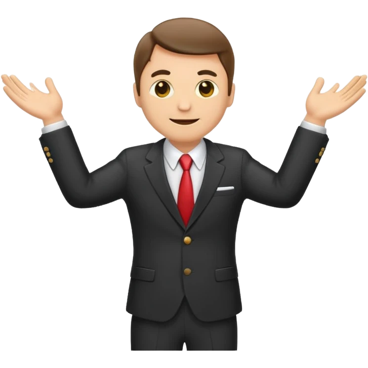 Emoji-style sticker of a man in a suit with arms spread wide to the sides emoji