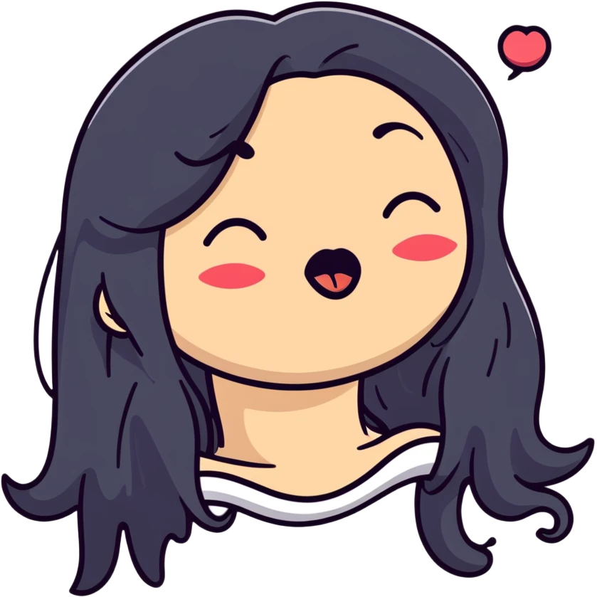 surprised and disgusted face with long black hair, goopy white liquid on cheeks, lips, and tongue, tongue sticking out, eyes shut, expressive cartoon look emoji
