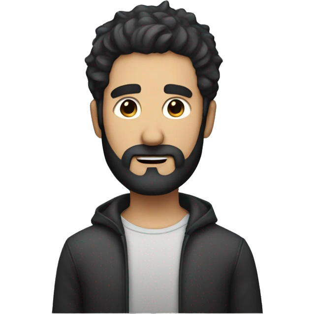 Dark short disheveled hair man with black beard wearing perfecto emoji