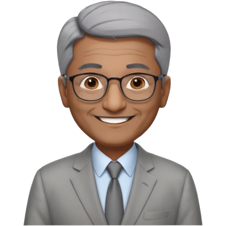 60 yr old indian man, short straight dark grey hair brushed foreward , light grey business suit, big smile, dark brown skin, no moustache, dark brown eyes, glasses
 emoji