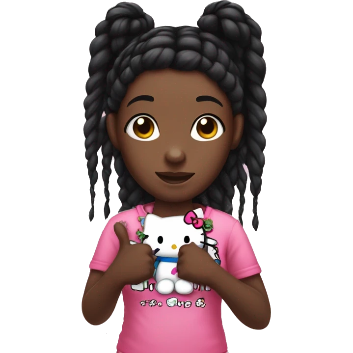 A dark skin girl with black braids and a hello kitty shirt holding a thumbs ip emoji