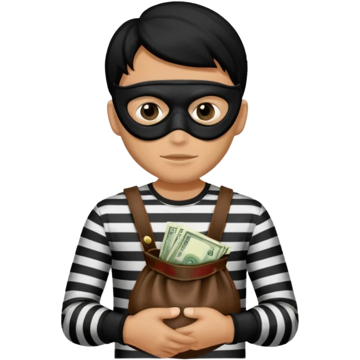 Crea un ladrón con un sombrero de delincuente y un saco de dinero, el ladrón tiene una camisa de rayas negras y blancas y el rostro un antifaz color negro. emoji
