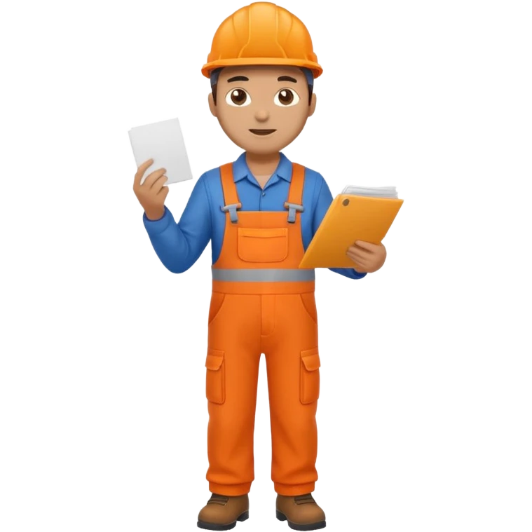 railway engineer full body in orange overalls, carrying a piece of paper in front of him emoji