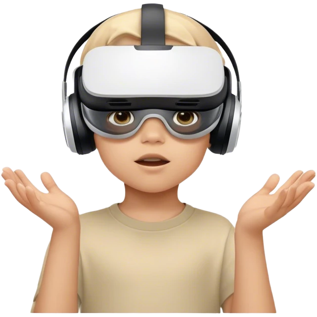 Child wearing virtual reality glasses, with a curious and engaged expression, exploring the digital world through VR technology. emoji