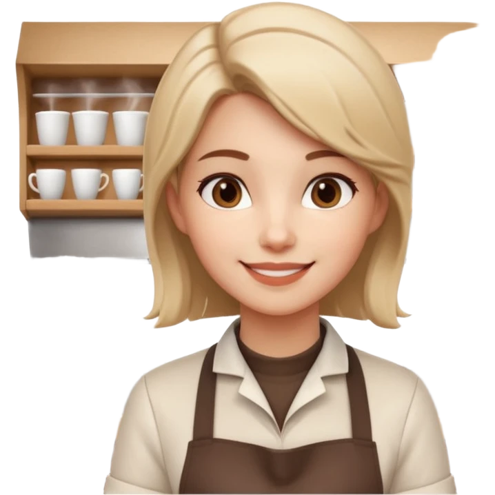 female barista portrait, head and shoulders only, wearing coffee shop apron collar, holding a takeaway cup near face, warm friendly smile, cozy cafe vibe, 3D cartoon, mobile game icon style, clean background, no text, no watermark
 emoji