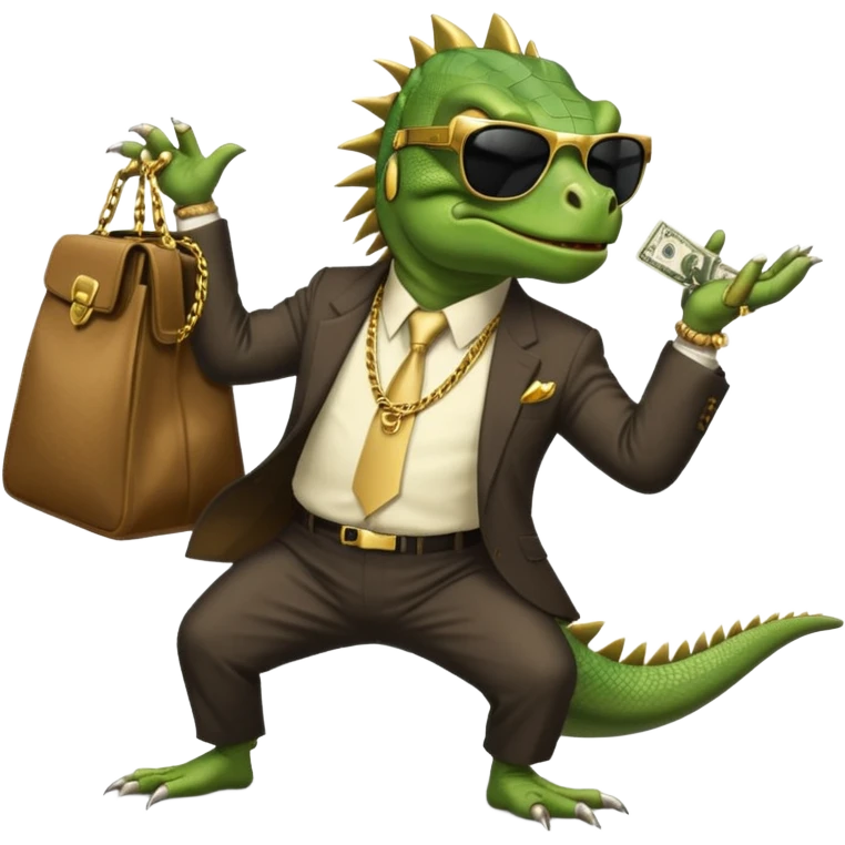 capitalist iguana banker godfather with black sunglasses breakdance with bag emoji