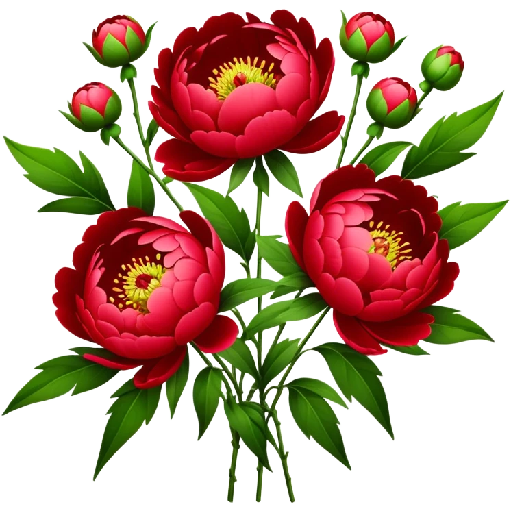 bouquet red Peony, luxuriant, stem, leaf, bud emoji