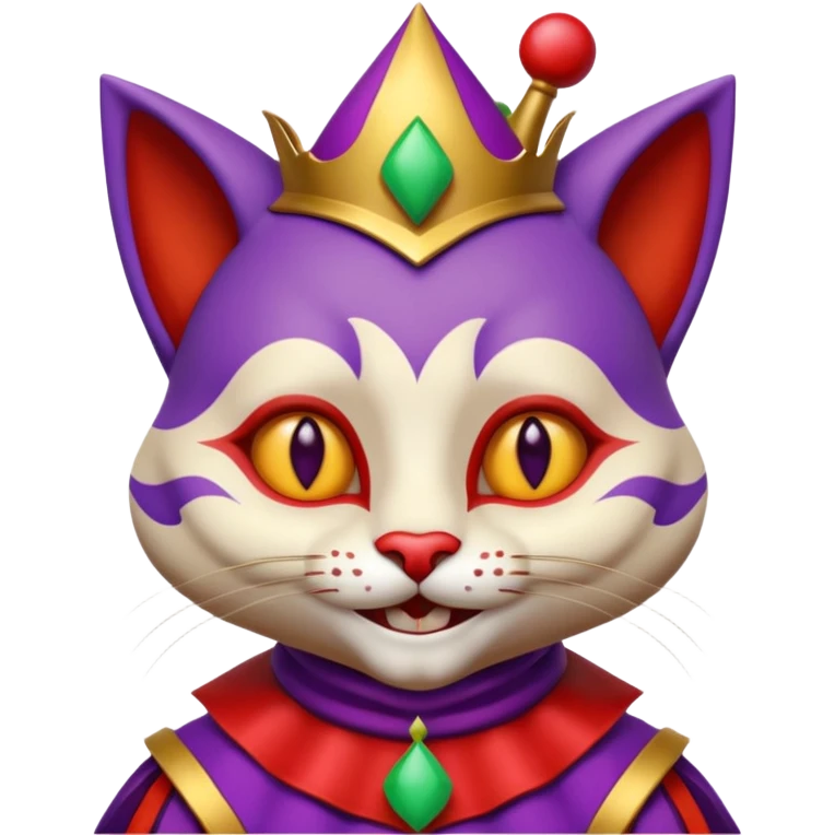 crazy colorful cute little cat jolly joker from poker, medieval, vintage, court jester, mac os icon, purple, gold and red color, half body. Squared shape as 3D mac os icon, skeuomorphic emoji