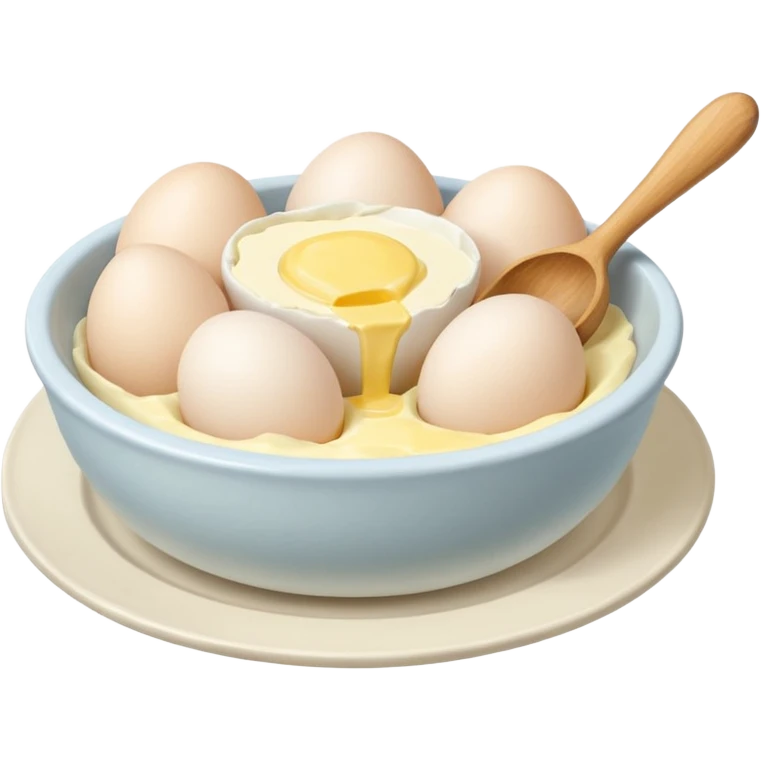 a dozen eggs, a ceramic mixing bowl with a wooden spoon and a plate of butter emoji