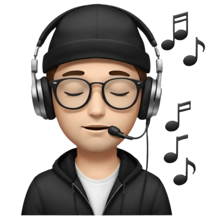 dj man white with baseball cap - rayban glasses - brown hair - closed eyes with headphones on with musical note over head (listening to music ) - eyes closed no glasses - black hat  musical notes floating around head - NO GLASSES emoji