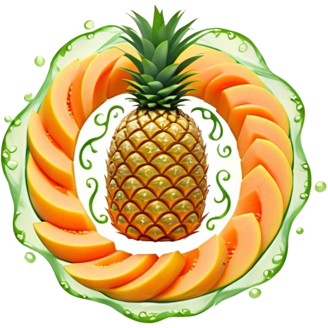 Golden pineapple slices, translucent papaya pieces, and green sprouts floating in a gentle spiral around a luminous stomach, with flowing light lines swirling like whirlpools, representing light, clean, and vibrant digestion. The foods emit a soft glow showing their enzymatic properties. emoji