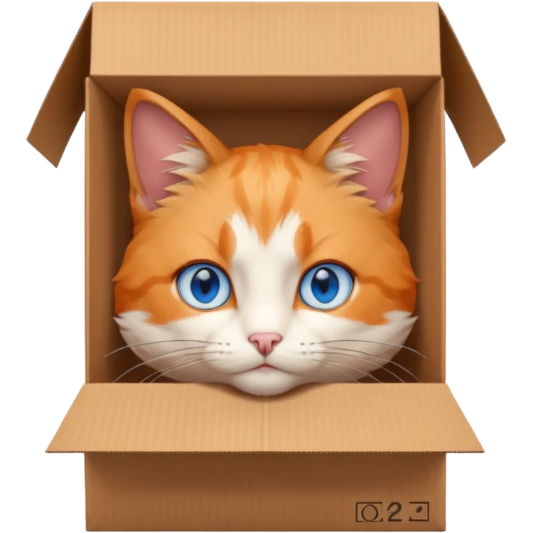 anime character cat that is orange cat, that its body is inside of a brown box. cats eyes are blue , but head is showing up. show half the box emoji