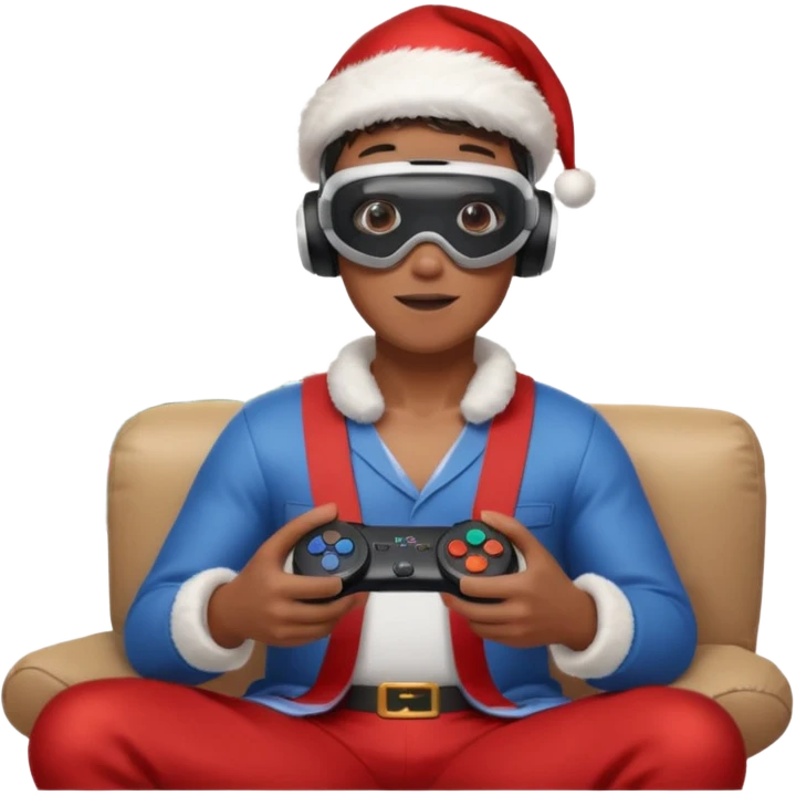 Homme photographe noir, week-end détente, équipé d’un appareil photo pro. Dans un décor Noël chaleureux, Père Noël à côté, sapin illuminé, lumières douces. L’homme porte un casque VR autour du cou ou sur la tête, et une manette PS 2025 dans la main libre. Ambiance festive, réaliste, couleurs nettes emoji