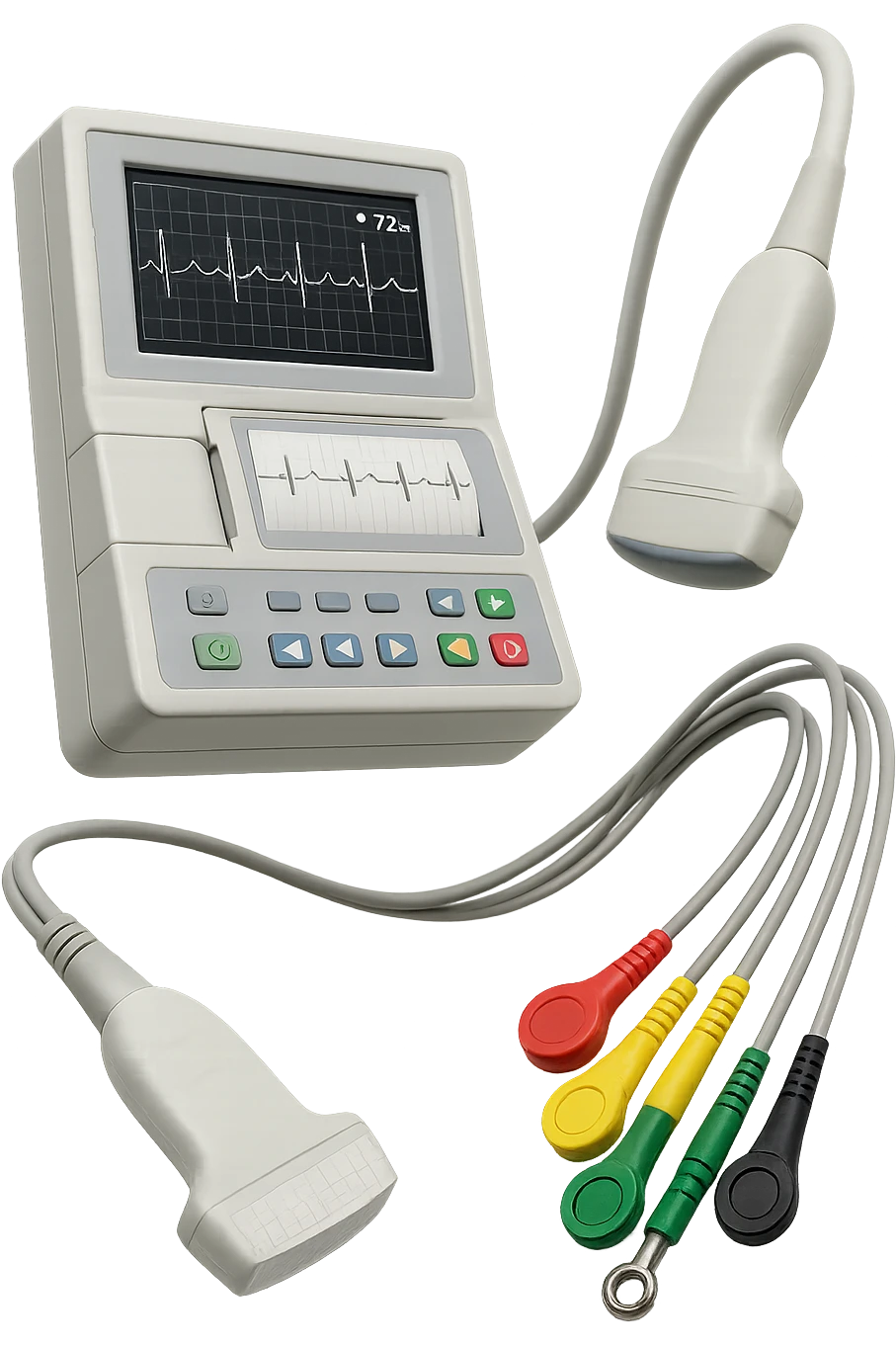 STRUMENTI MEDICI PER FARE ECG e ecocardio FLUTTUANO IN ARIA, iperrealistico 4k, isolato su sfondo bianco emoji
