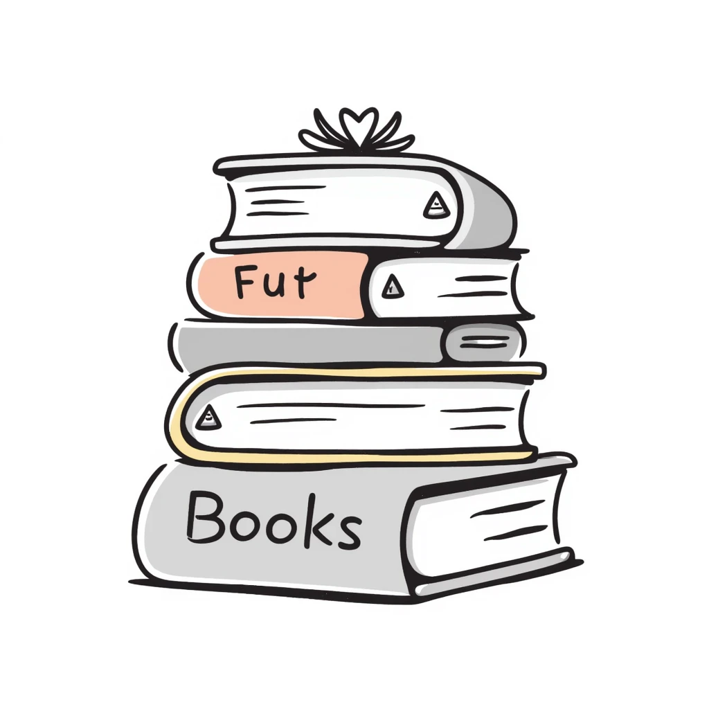 a stack of books with visible covers and spines, in pastel colors dd9fb0, ffc6d3, a3bfc9, c4bee2, f1b091, detailed hand-drawn doodle style emoji