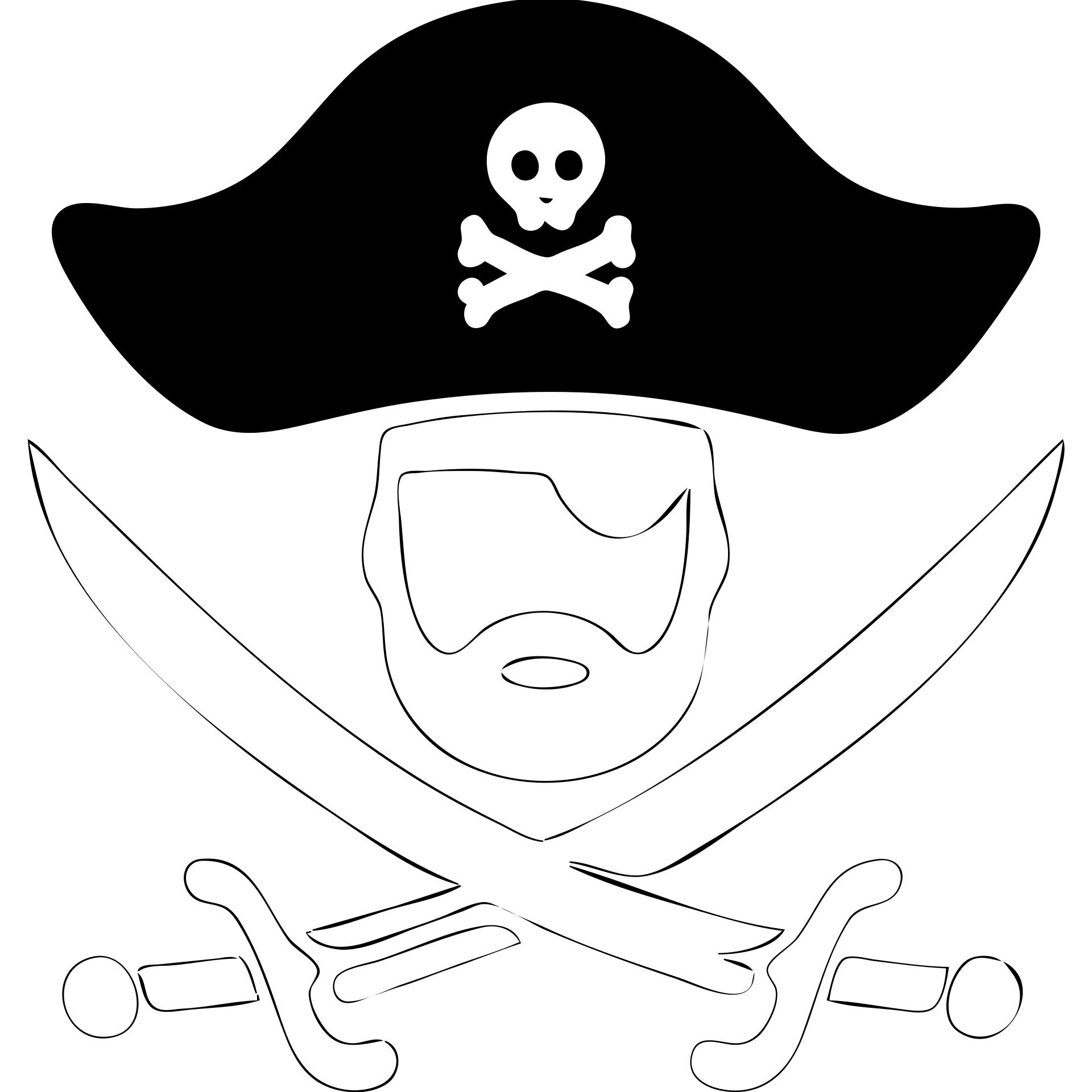 Change the swords and the pirate head to green. Ensure the background behind the swords and the head is pure white and hollow, with no black fill or shadow. Keep the hat black with the small skull-and-crossbones symbol. Maintain the clean, bold icon style. emoji