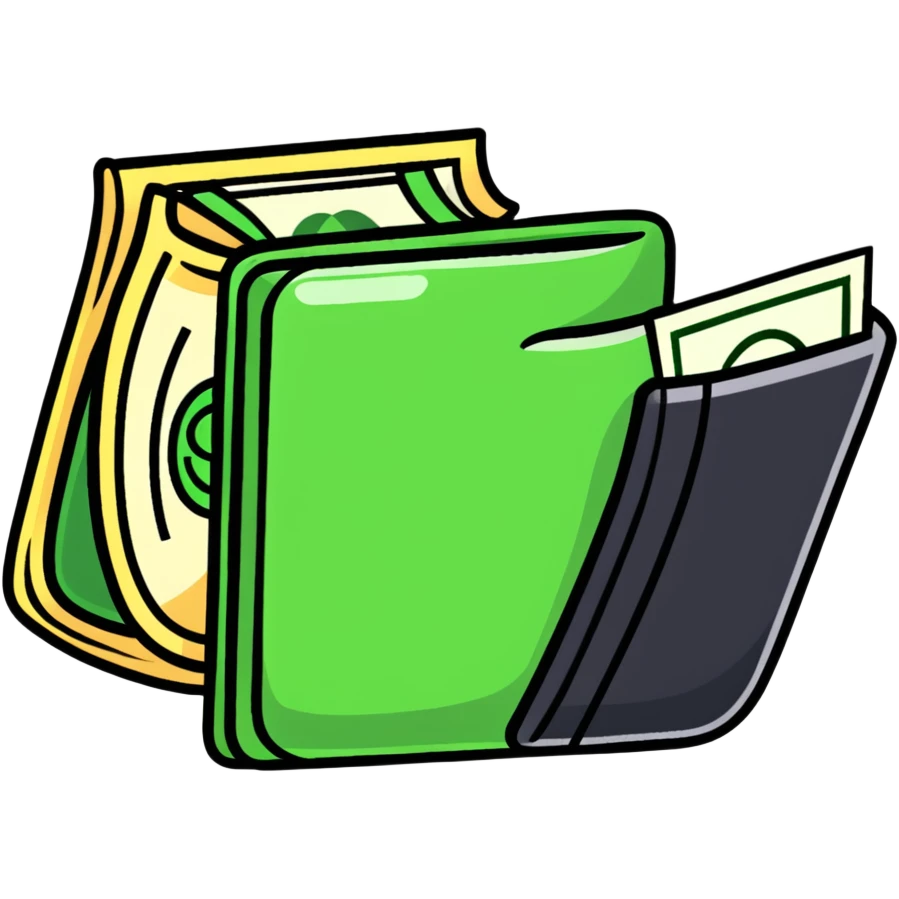 Wallet with dollar bills and savings emoji