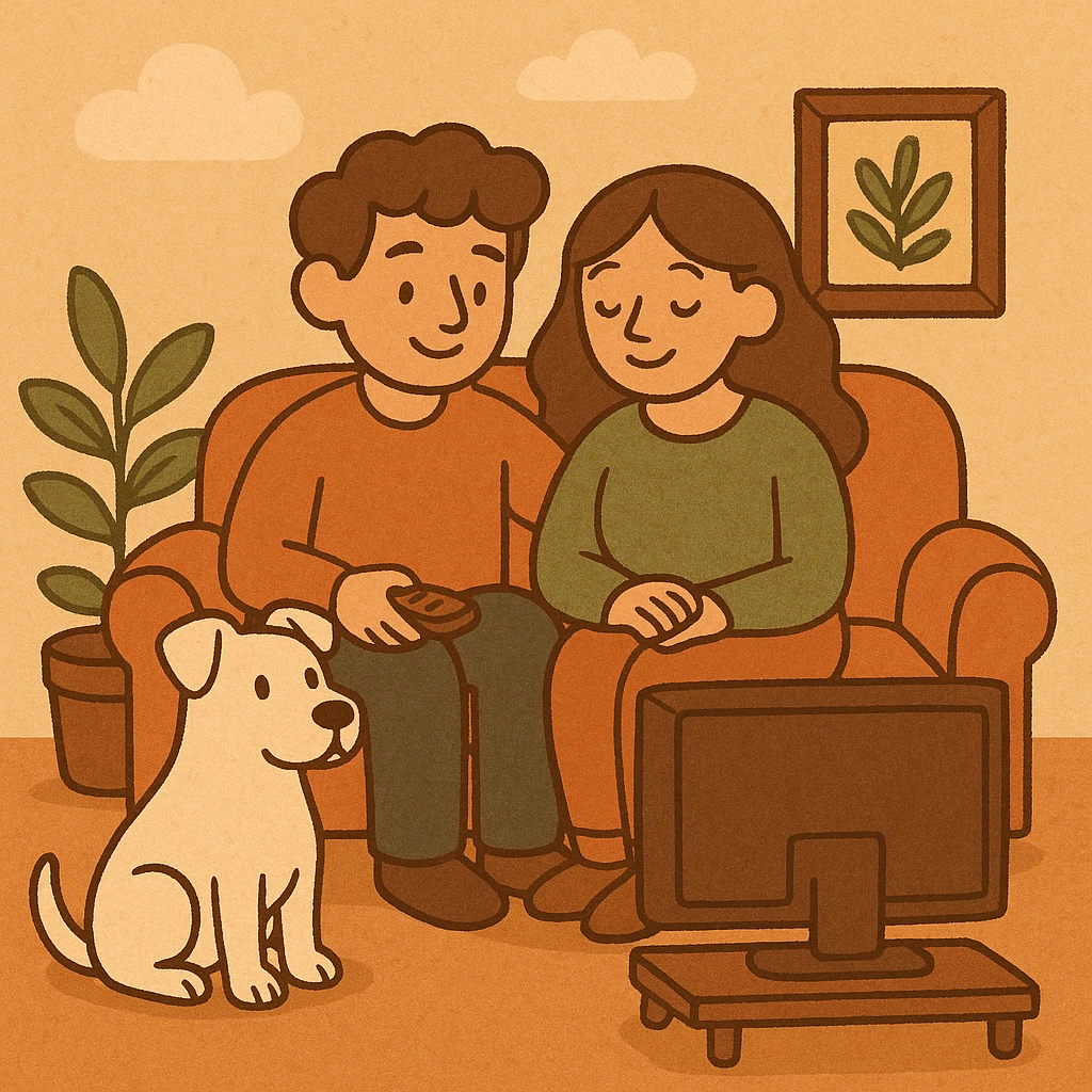 cartoon style, boyfriend and girlfriend sitting together watching TV with their white pitbull, cozy living room scene, warm and inviting atmosphere emoji