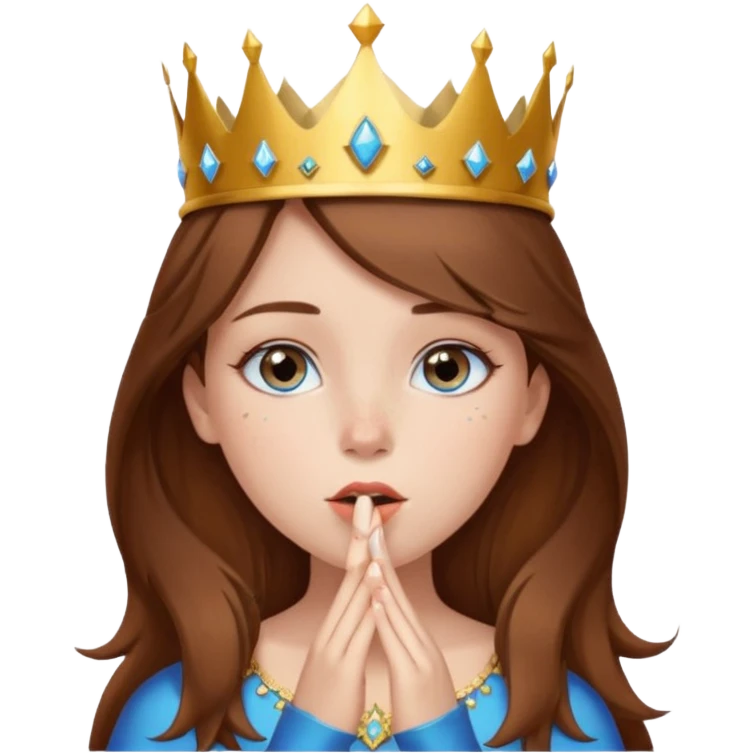 a girl with brown hair, blue eyes and freckles, who wears a crown and is blowing a kiss emoji