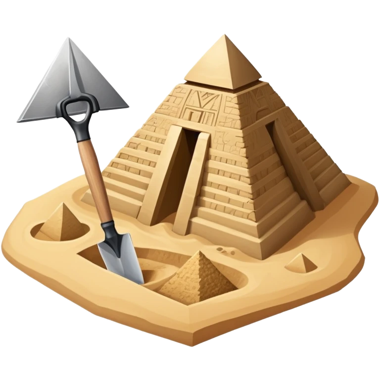 An icon showing archaeological tools like a trowel, brush, and pickaxe placed on sandy ground, with an Egyptian pyramid in the background. The design symbolizes excavation and discovery of ancient history, blending tools and iconic landmarks. Transparent background. emoji